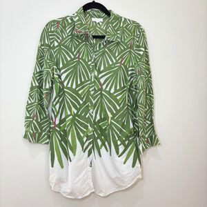 Womens Tropical Leaves Green 100% Cotton Button Front Tunic L Lightweight Cruise